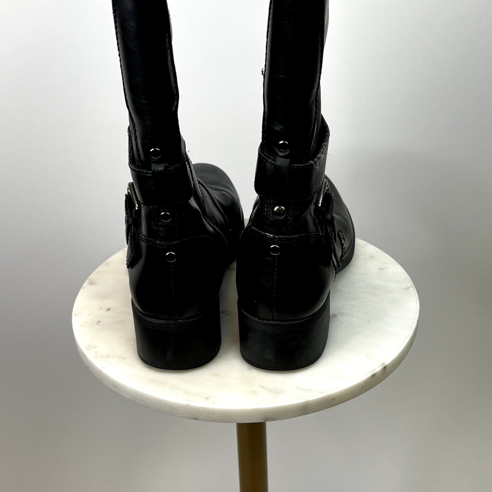Franco Sarto Piston Tall 100% Leather Black Boots with Buckle Detailing SZ 7 1/2