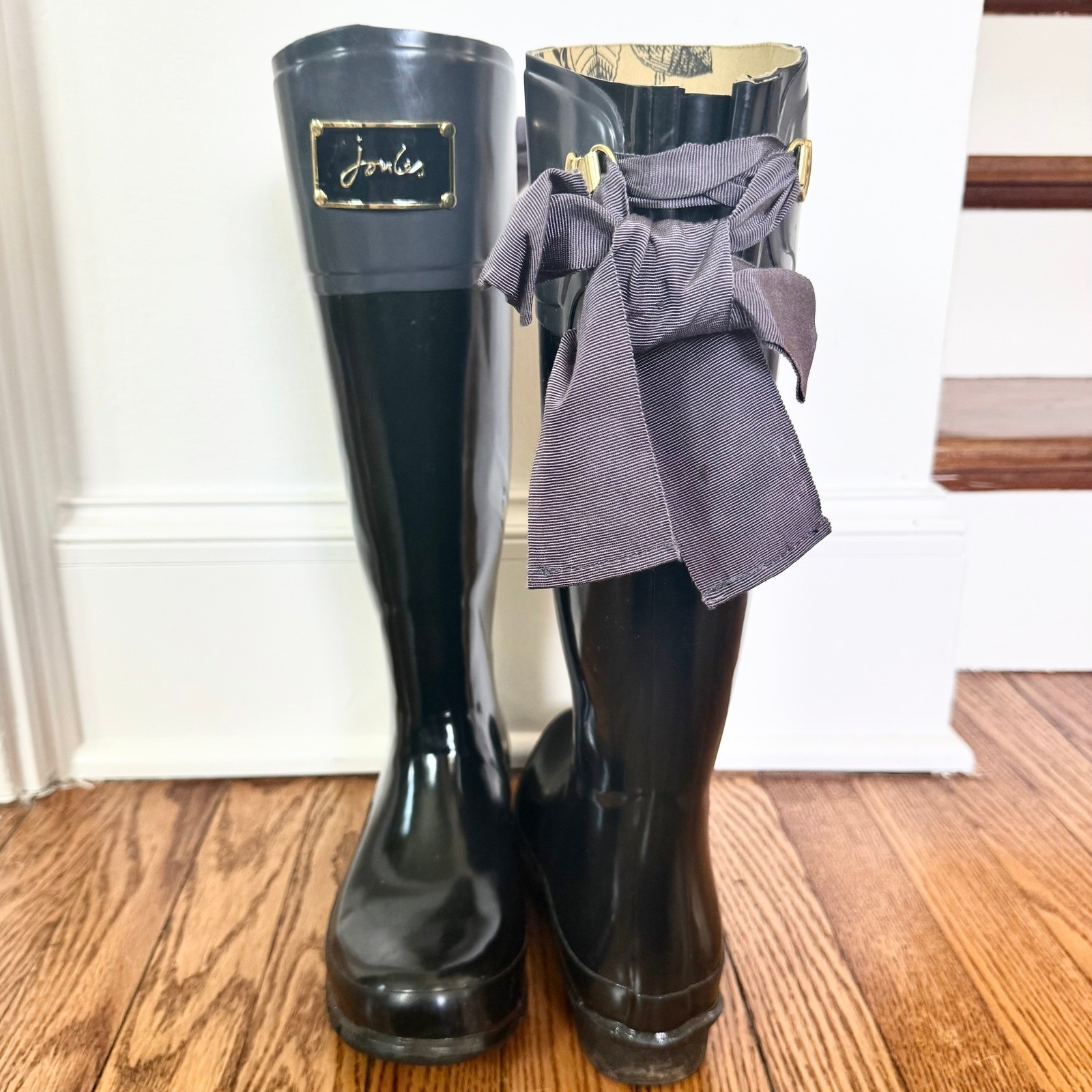 Joules Evedon Rain Boots Womens 8 Black Bow Back Waterproof Tall