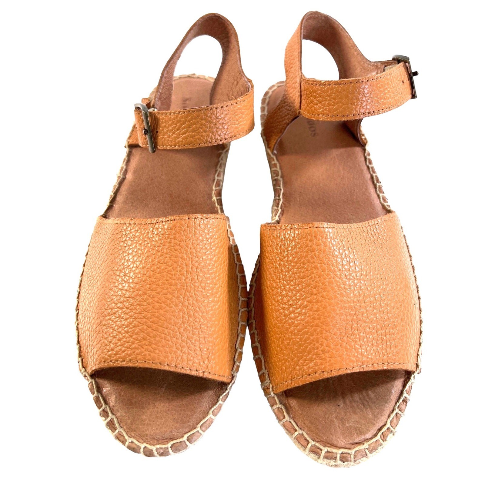 Soludos Womens Tan Pebbled Leather Ankle Strap Espadrille Sandals Size 7.5 Flat