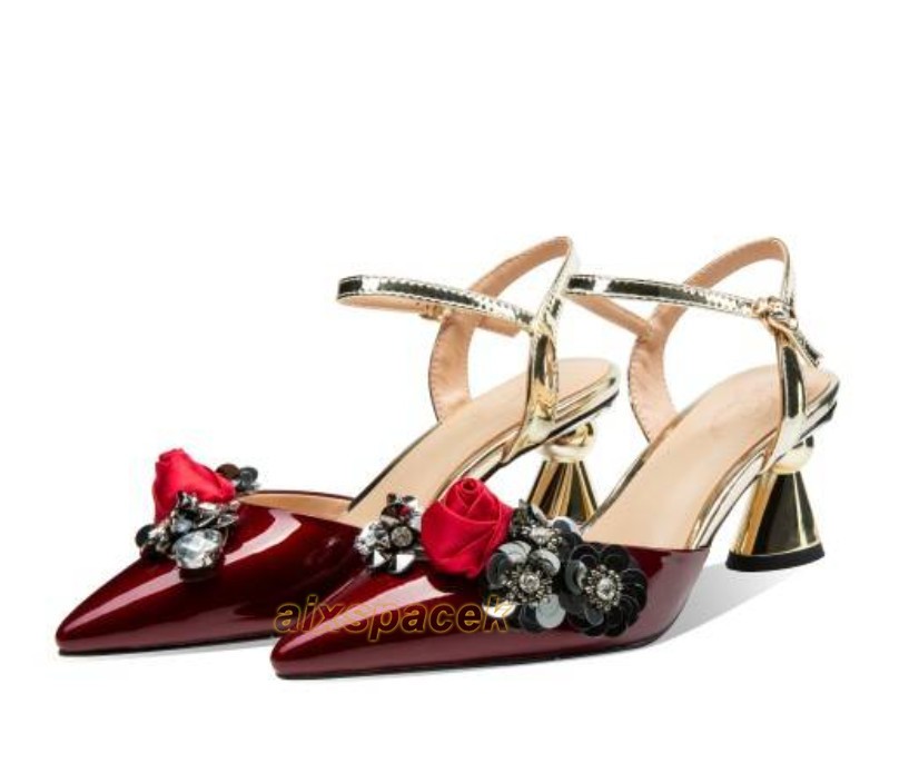 Floral Women’s Leather Elegant Sandals Kitten Heel Rhinestone Pointed Toe Shoes