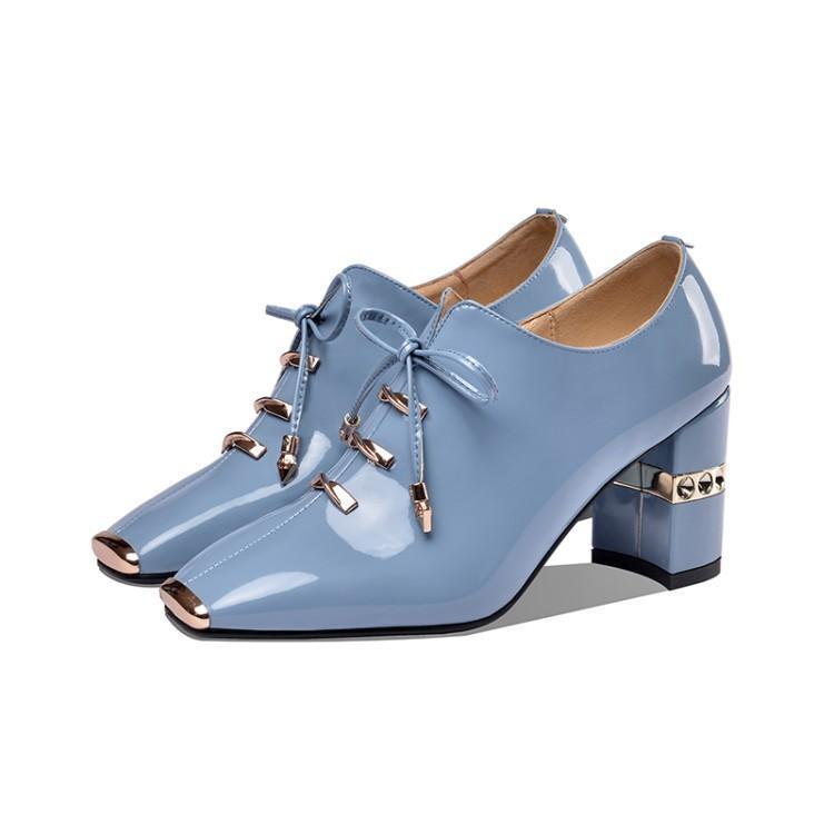 Women’s Fashion Formal Business Pump Blue Elegant Lace Up Chunky Heel Shoes Work