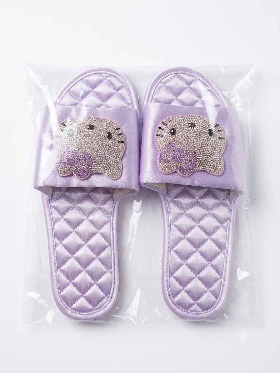Kawaii Purple Satin Quilted Slippers Rhinestone Cat Coquette Y2K House Shoes