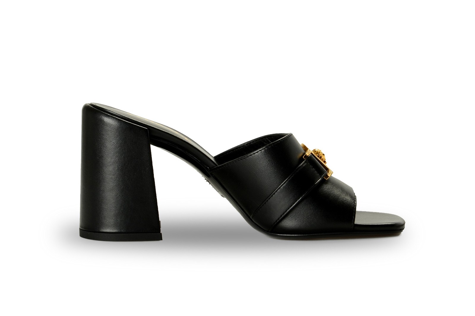 Versace Women’s Black 100% Leather Gold Medusa Mules Sandals Shoes US 6 IT 36