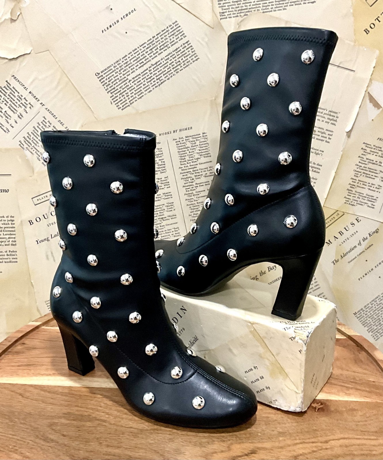 Anthropologie Maeve Studded Stretch Ankle Boots Black Silver Studs 37/ 6-6.5 NIB