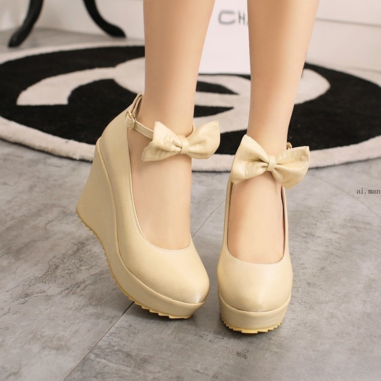 Women’s Round Toe Wedge Heeled Platform Wedding Shoes Bow Tied Shoes Pumps