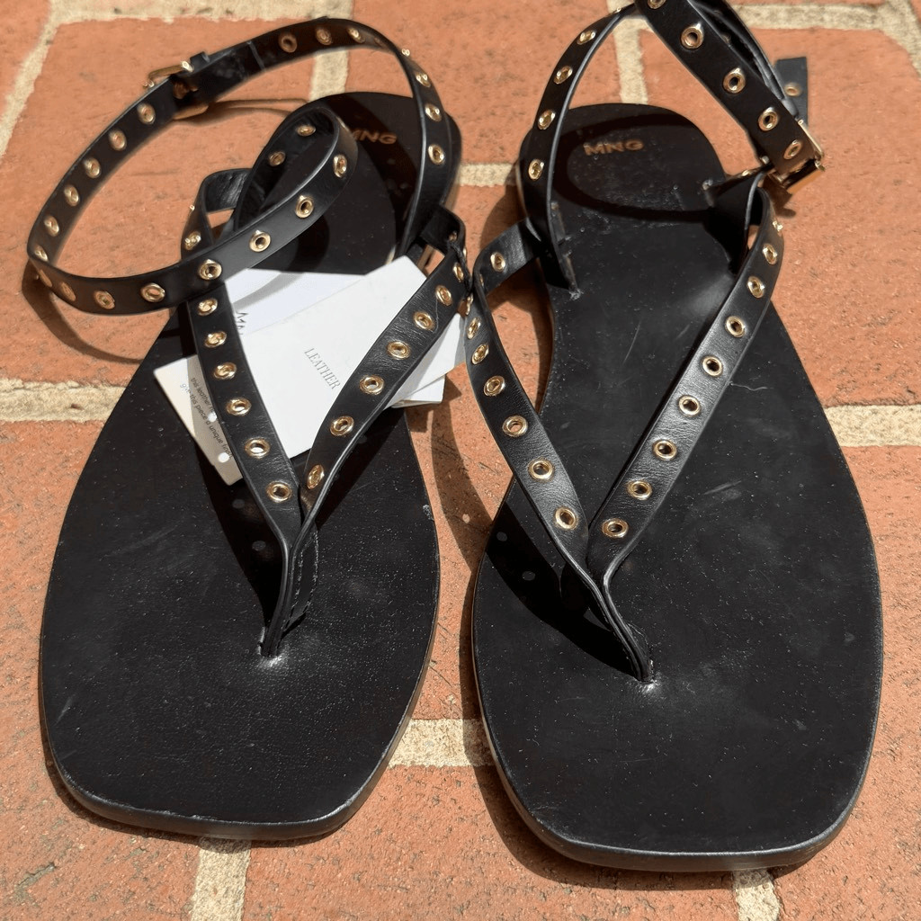 MNG by Mango Leather Eyelet Strappy Square Toe Sandals Black 41 NWT
