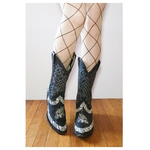 MEZCALERO Black Horse Embroidered Cowboy Boots
