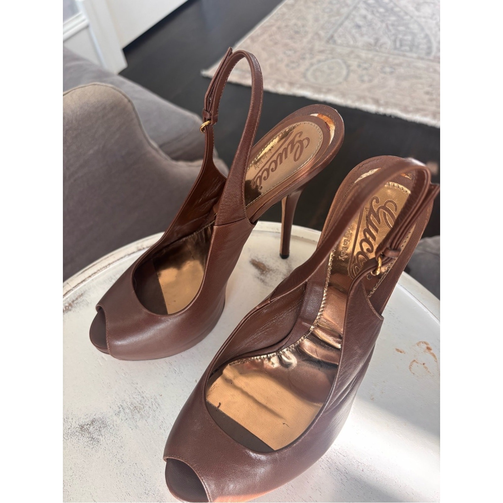 Gucci Brown Leather Peep-Toe Slingback Stiletto Heels