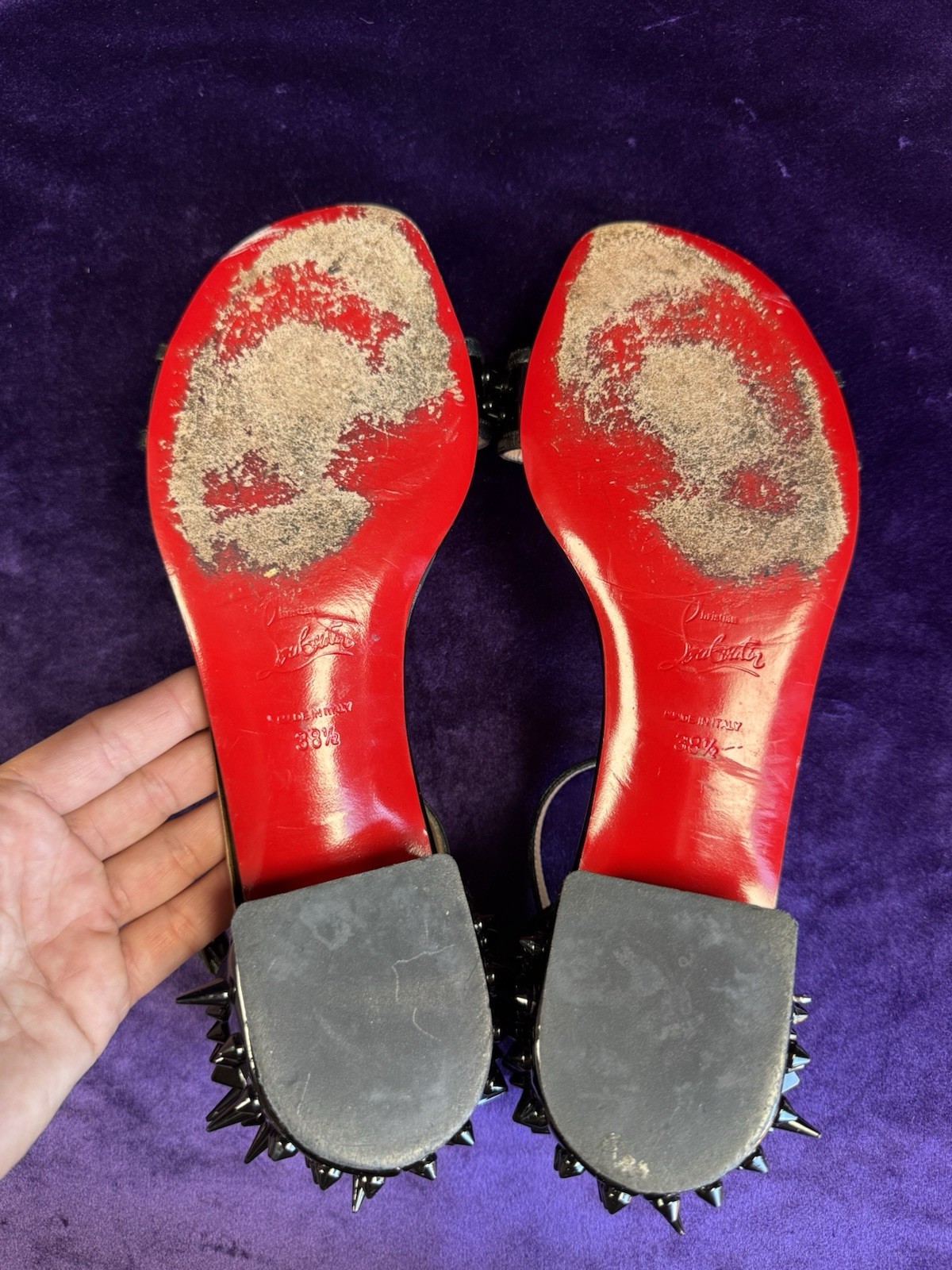 Christian Louboutin Spike Accents Black Patent Leather Sandals Size 38 1/2