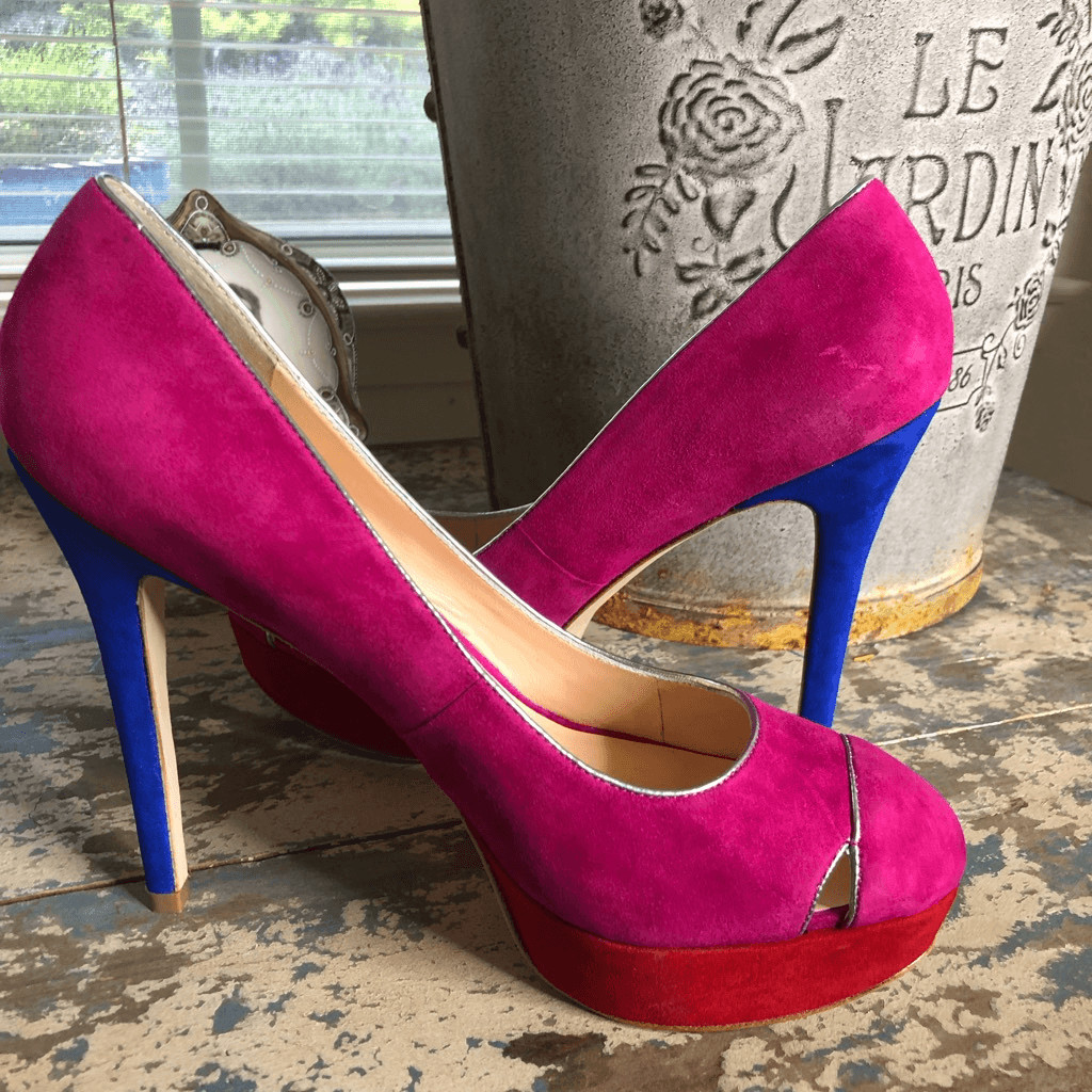 NEW Footcandy Crissy Fuchsia, Red and Blue Kid Suede Platform Heels NIB