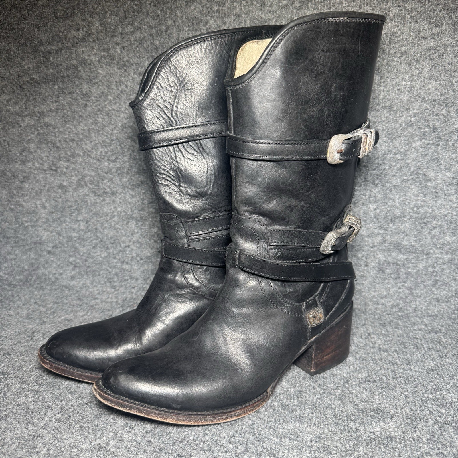 FREEBIRD BY STEVEN Pike Black Boots Women Size 10 Western Buckle Straps