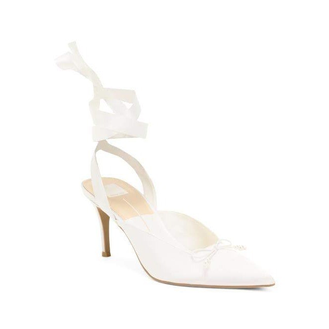 Dolce Vita Efora True White Satin Pearl Bow Ankle Tie Bridal Pumps Heels 7.5