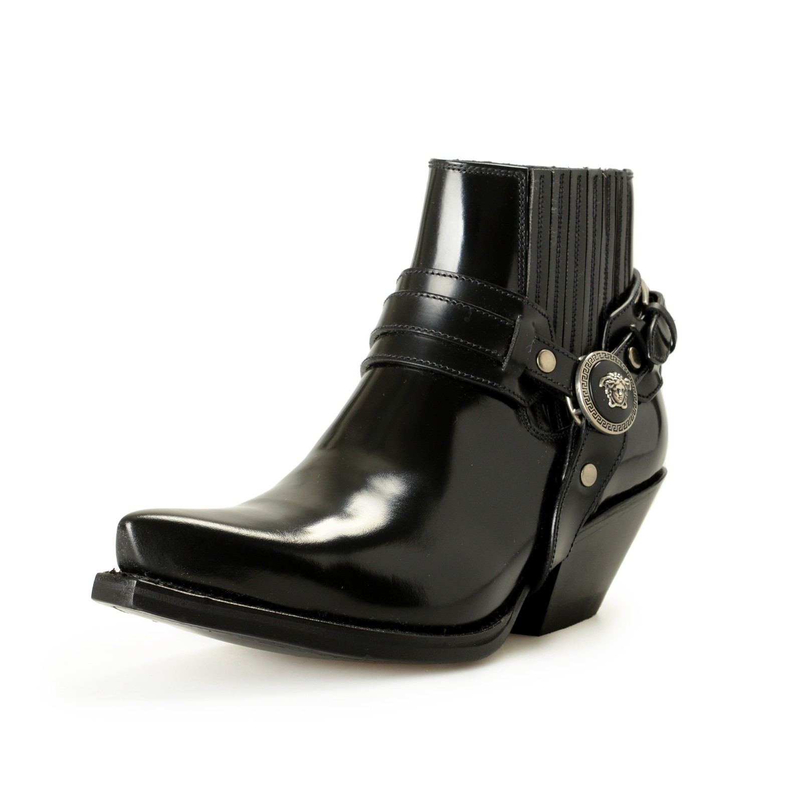 Versace Women’s Black Leather Silver Medusa Heeled Booties Shoes US 6 IT 36