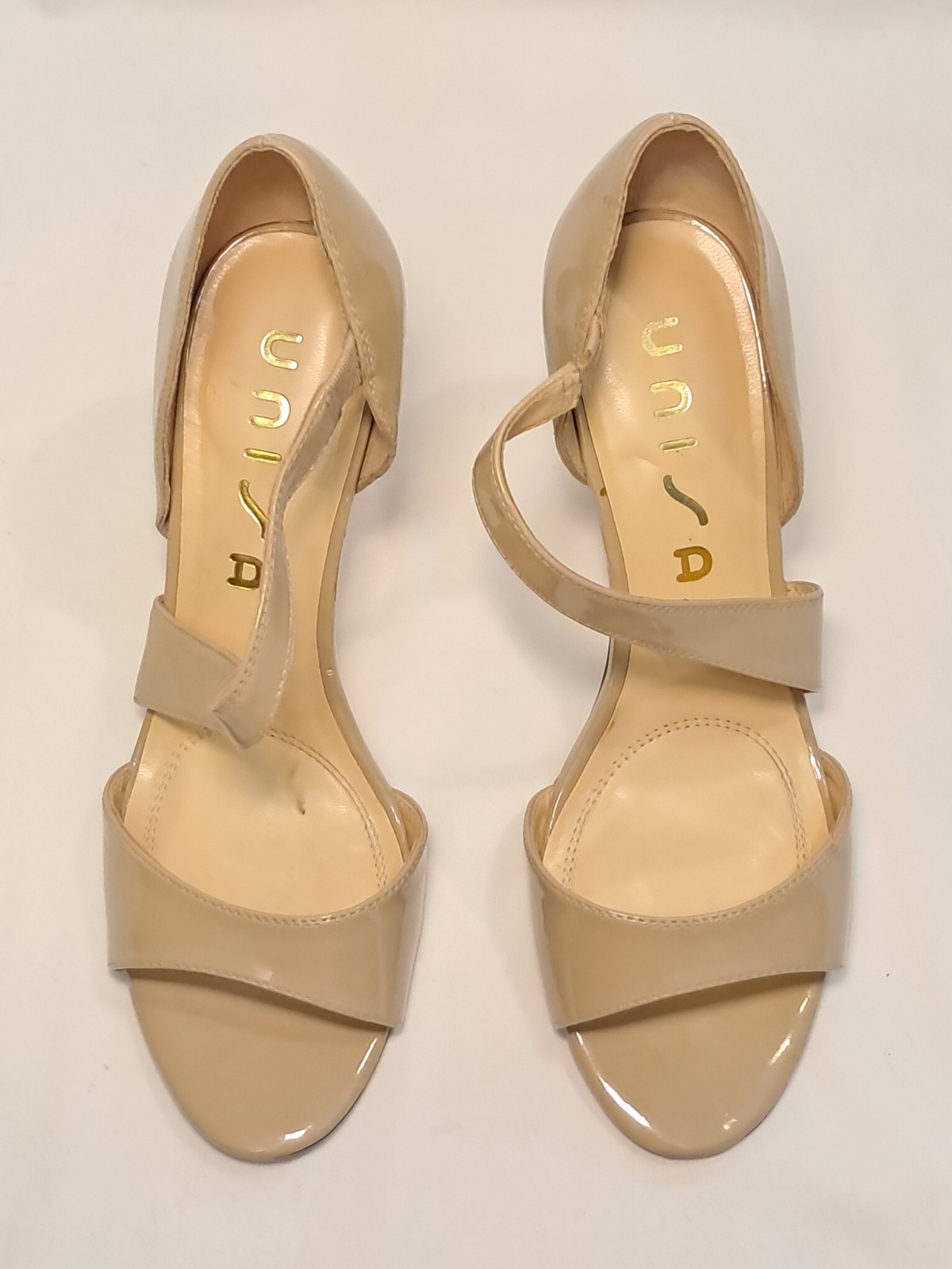 Unisa Size 6.5M Beige/Nude Patent Pumps 3.25″ Stiletto Heel Asymmetric Strap