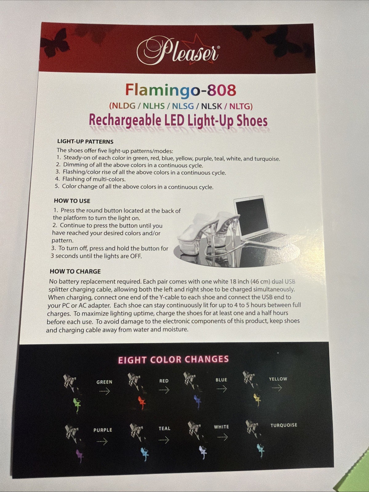 Pleaser Flamingo 808NLSG LED Platform Heels USB Rechargeable US 10 NWB