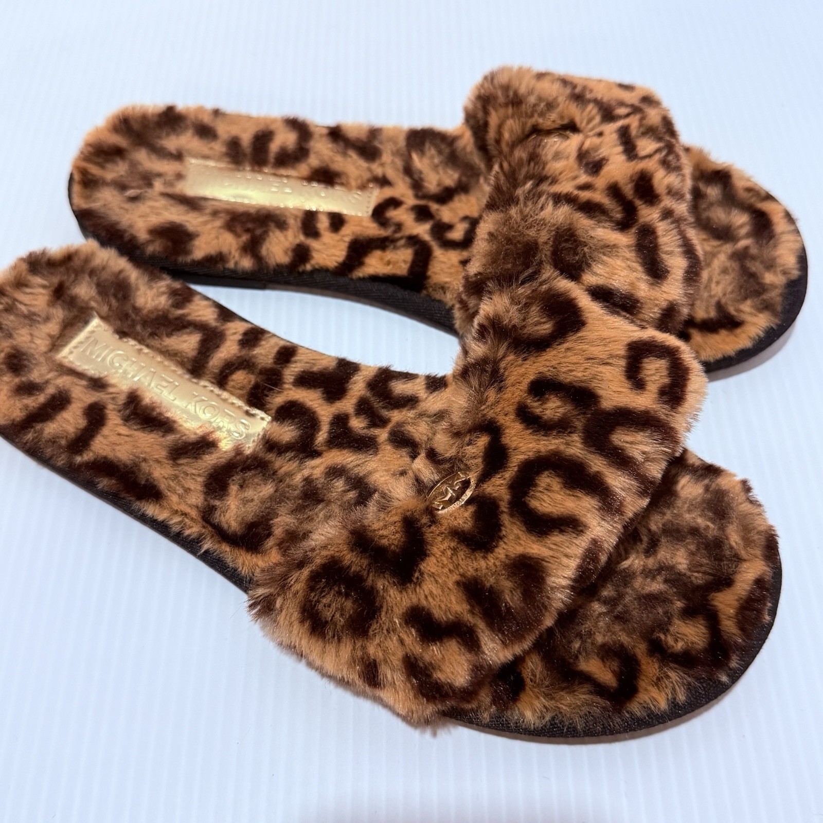 Michael Kors Women’s 9.5 Leopard Faux Fur Slide Slippers Brown/Black Logo