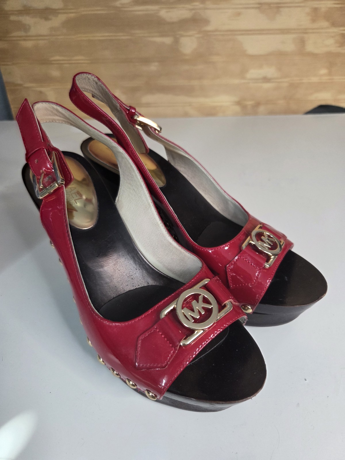 Michael Kors Red Patent Leather Platform Wedge Sandals Gold MK Logo Studded 8.5M