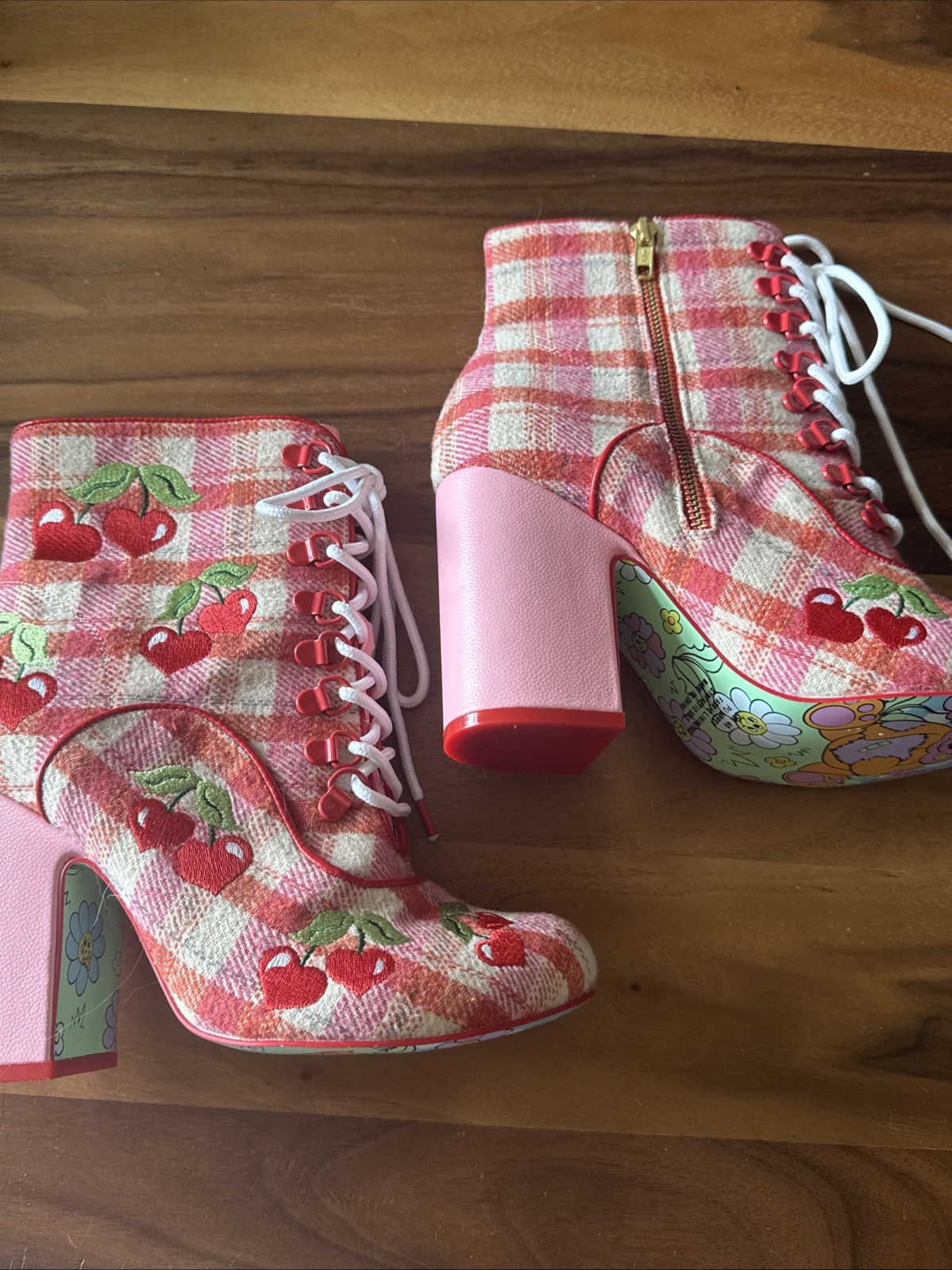 Irregular Choice Fruity Picnic Cherry Tie Up Heels Graphic Bottom Size 9-91/2