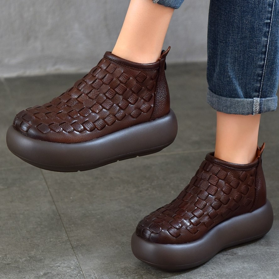 Thick Sole Ankle Boots Women’s Genuine Leather Round Toe Flat Platform Creepers
