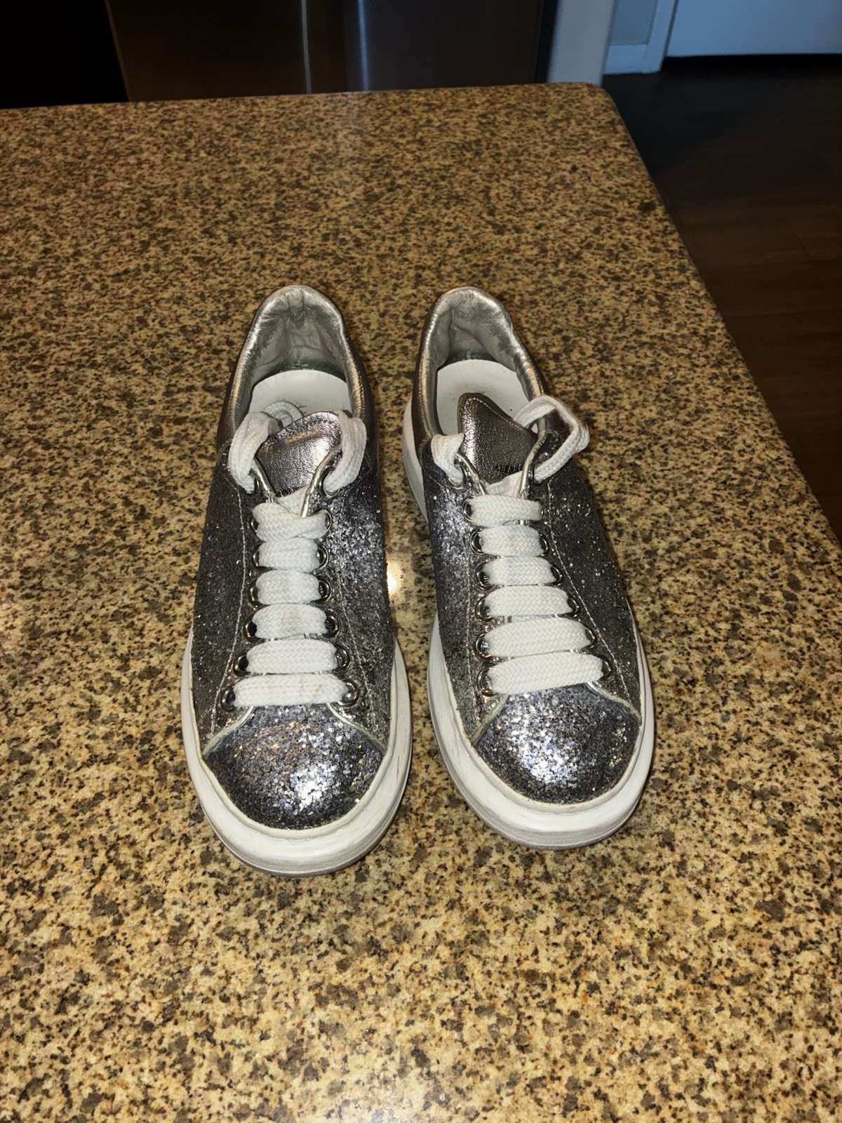 Alexander McQueen Metallic Silver Glitter Oversized Sneakers Size UK 35/US 5