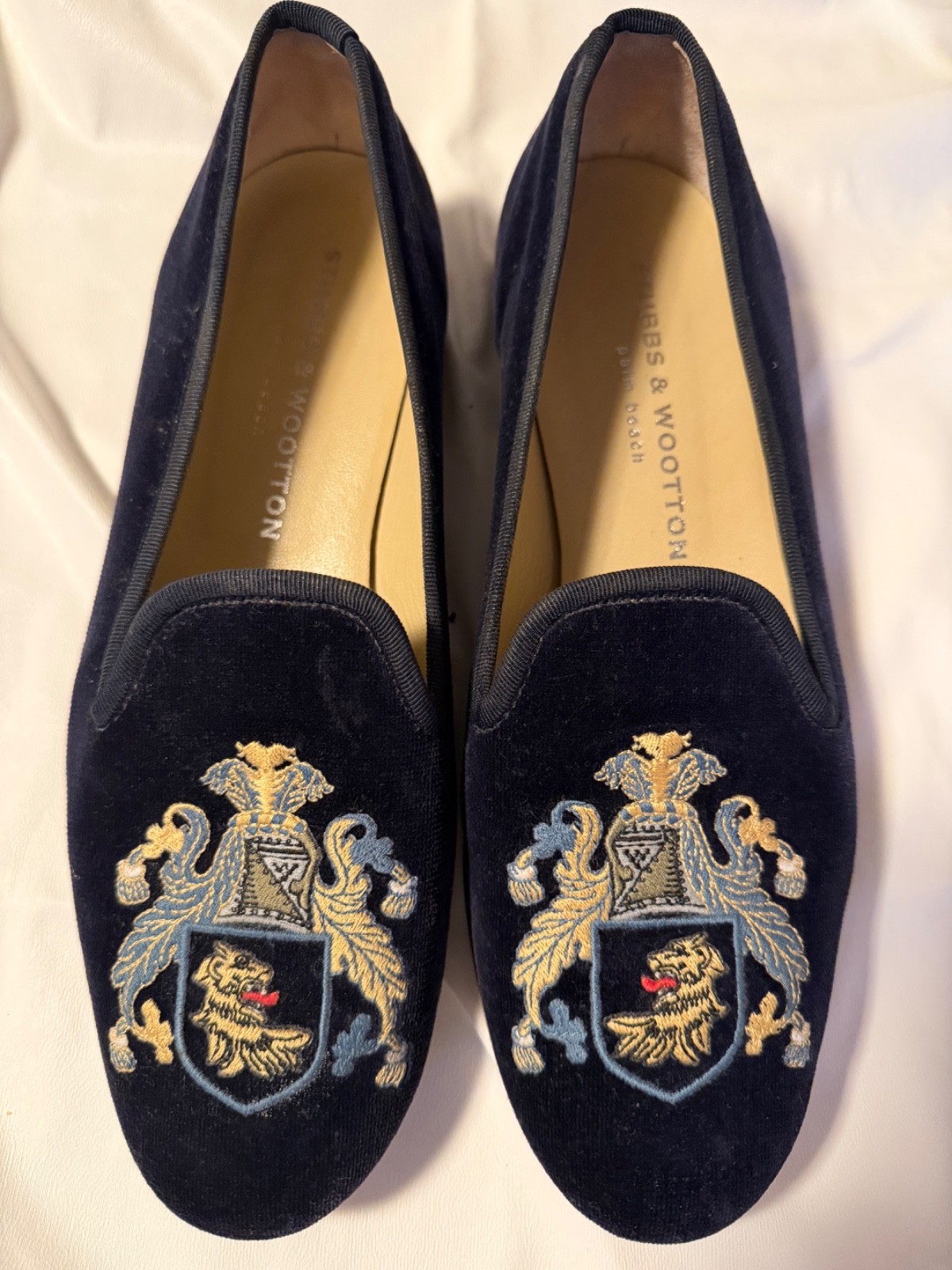 STUBBS & WOOTTON VELVET BLACK COAT OF ARMS WOMENS SLIPPERS LOAFERS SHOES 8 1/2