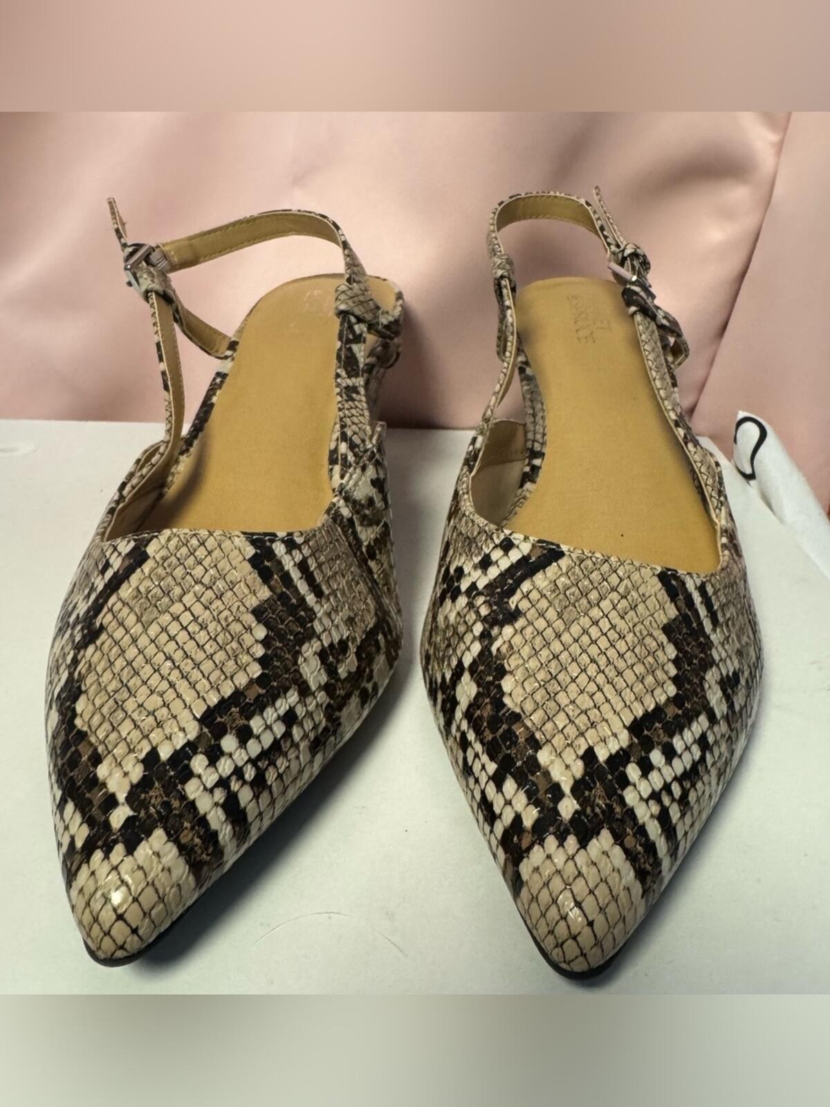 Market & Spruce Beige and Brown Snake-Print Pointed Slingback Flats