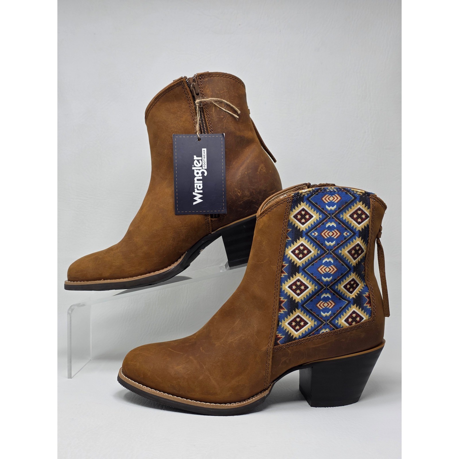 Wrangler Womens Brown Leather Tapestry Western Ankle Boots KWB0006 Size 8.5 B