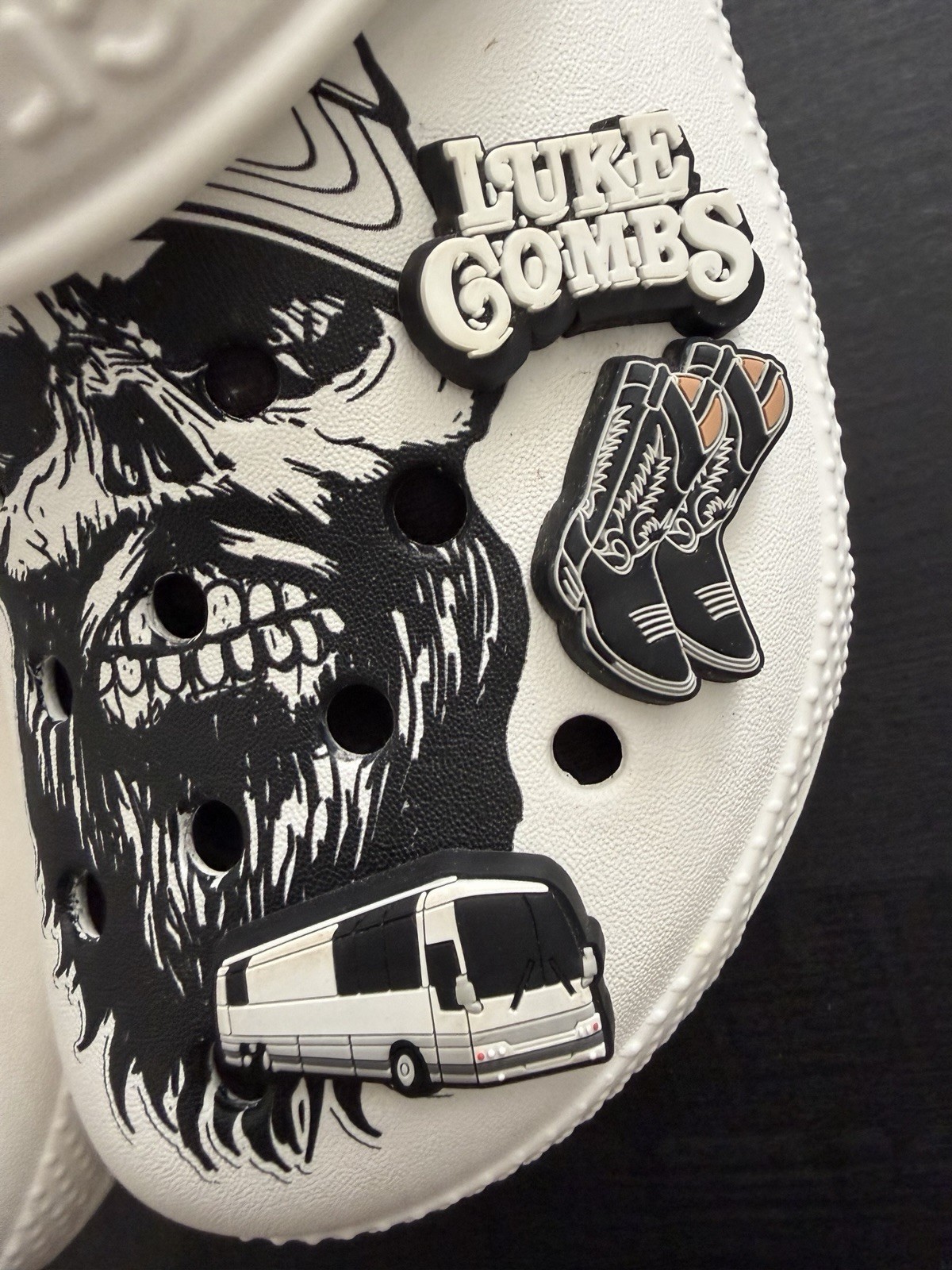 Luke Combs X Classic Lined Crocs Skully W8/M6 White Black Clogs W/Custom Jibbiz