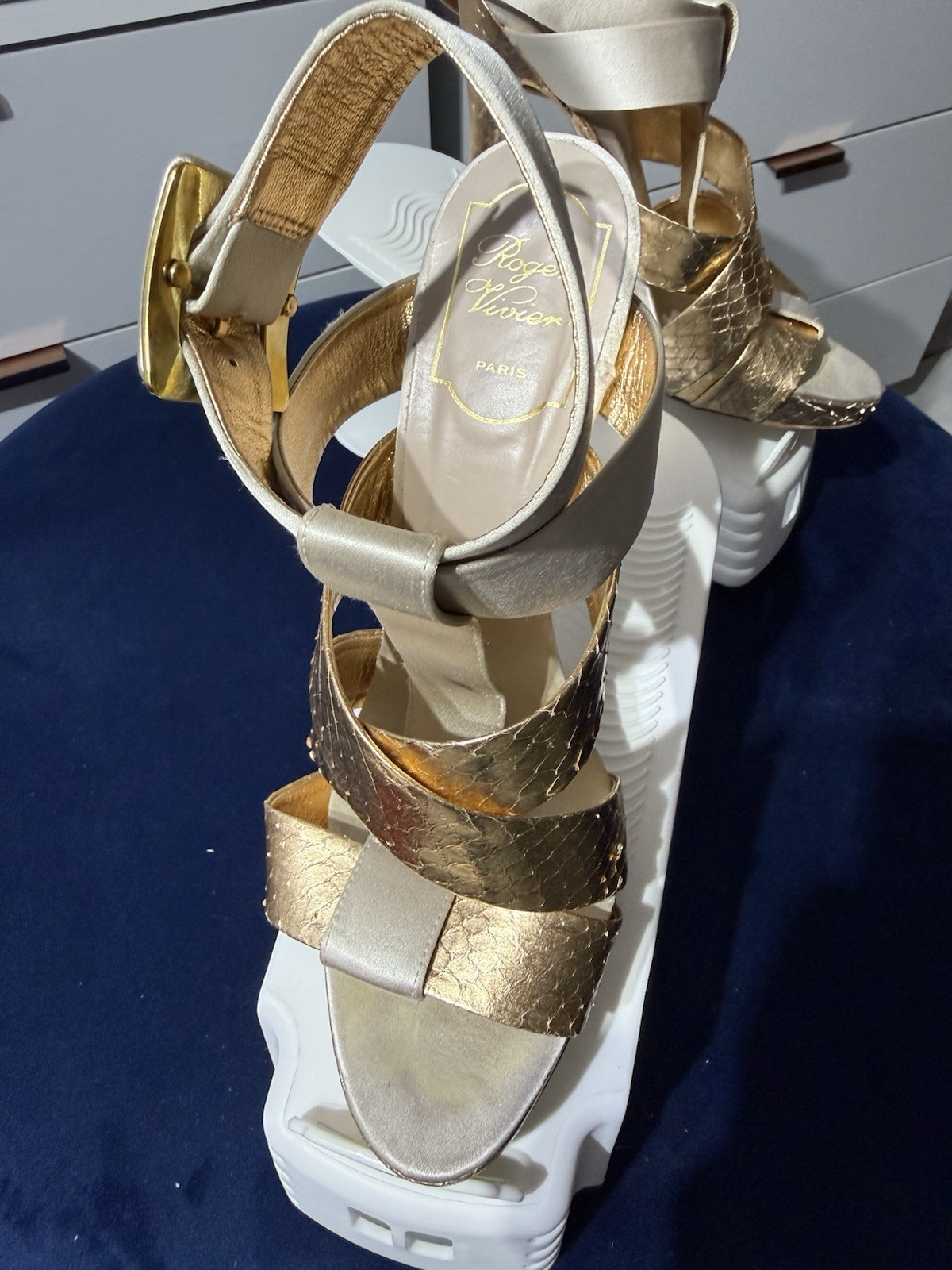 Roger Vivier Strappy Satin Gold Ankle Heels
