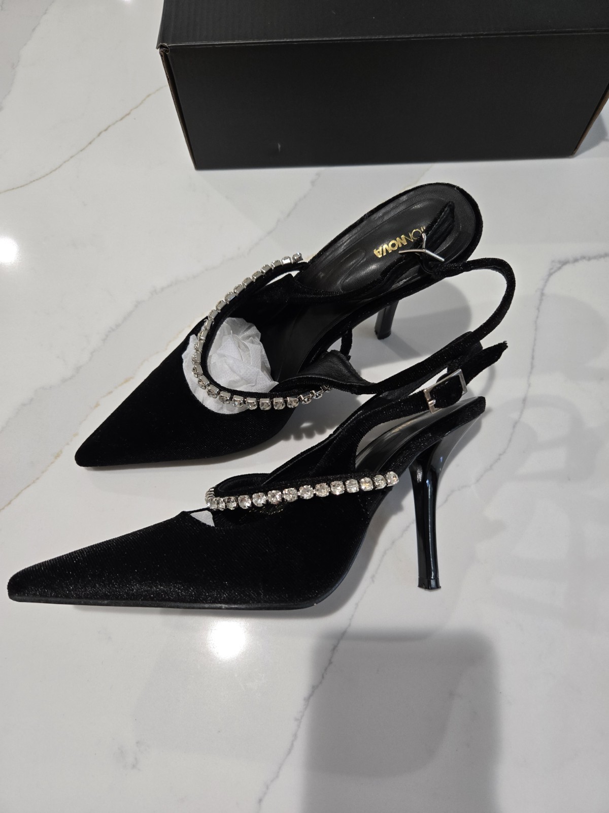 FASHION NOVA Size 7.5 Slingback Kitten Toe High Heels Velvet Pumps Rhinestones