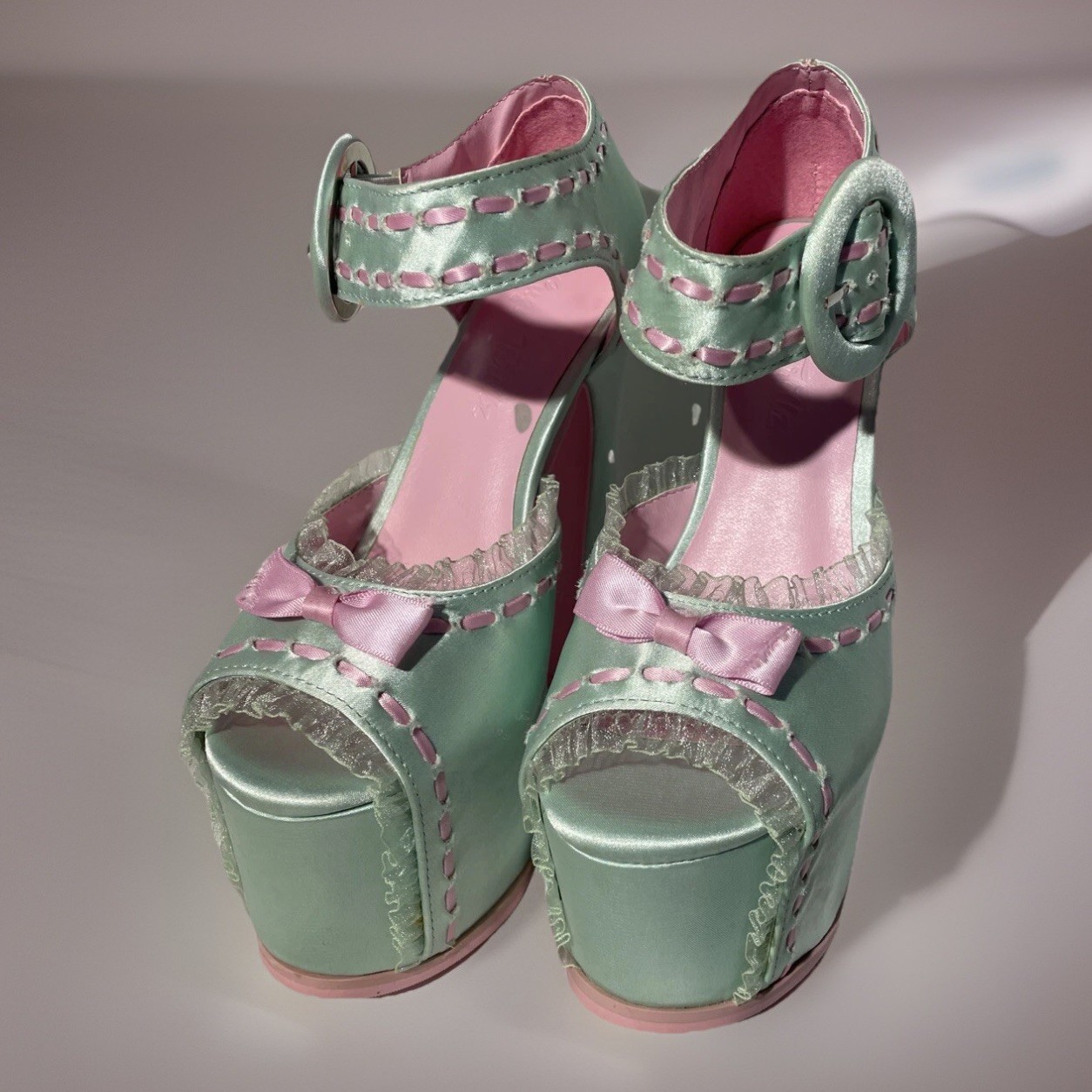 NEW! Sugar Thrillz Dolls Kill Mint Green And Pink Satin Platform Heels Size 5M