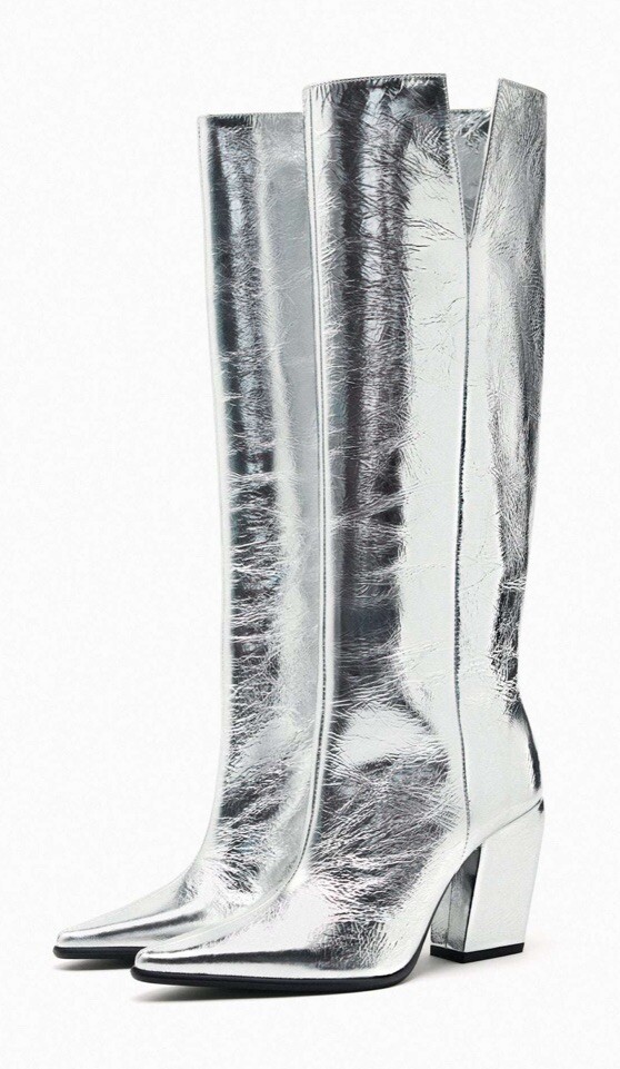 ZARA Silver Metallic Leather Boots NEW WT NB Size 36 EU/ 6 USA