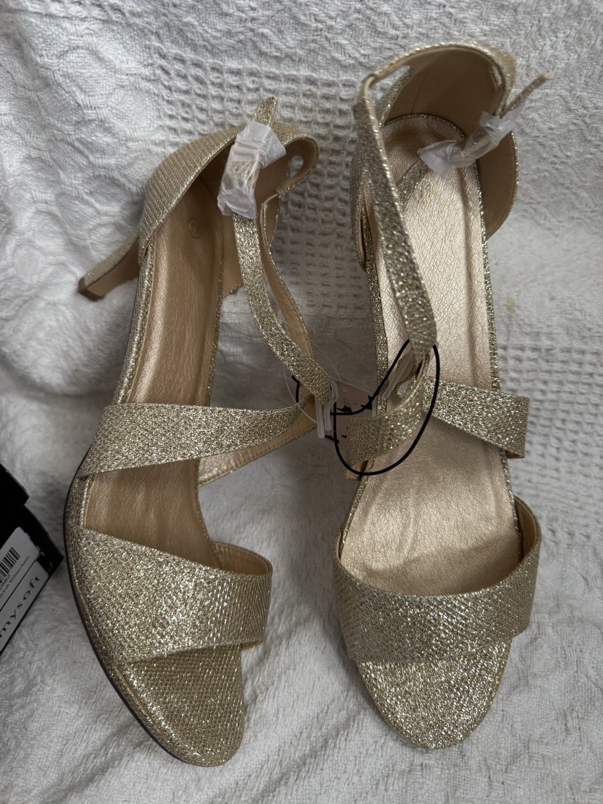 MySoft Women’s Stiletto Heels Pumps Gold Metallic Open Strappy High Heels 11 NEW