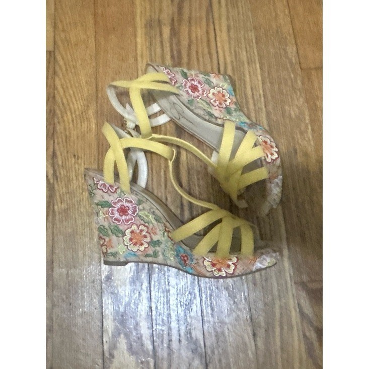 Jessica Simpson Yellow Crisscross T-Strap Cork Wedges Ankle Buckle Size 8