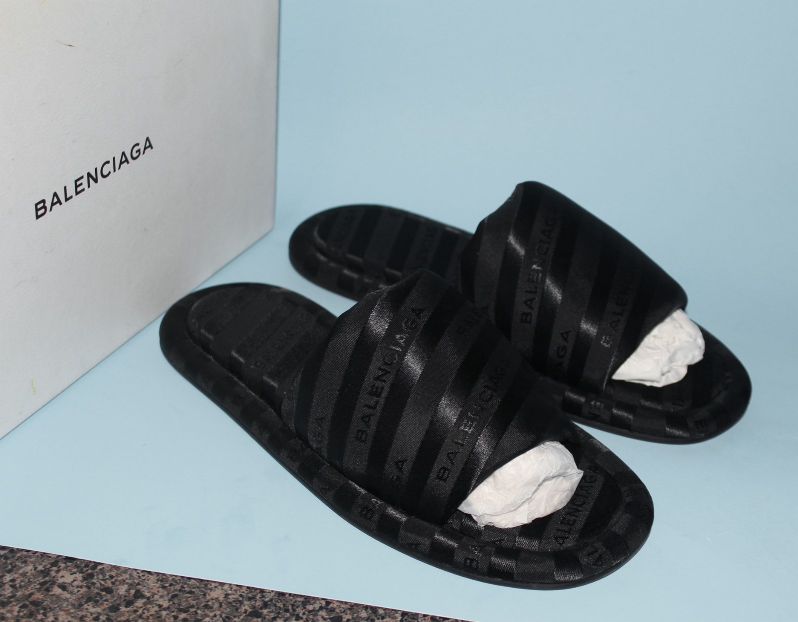 NIB BALENCIAGA Satin Logo Jacquard Hotel Slides Black Demna Le City sz 37 $600