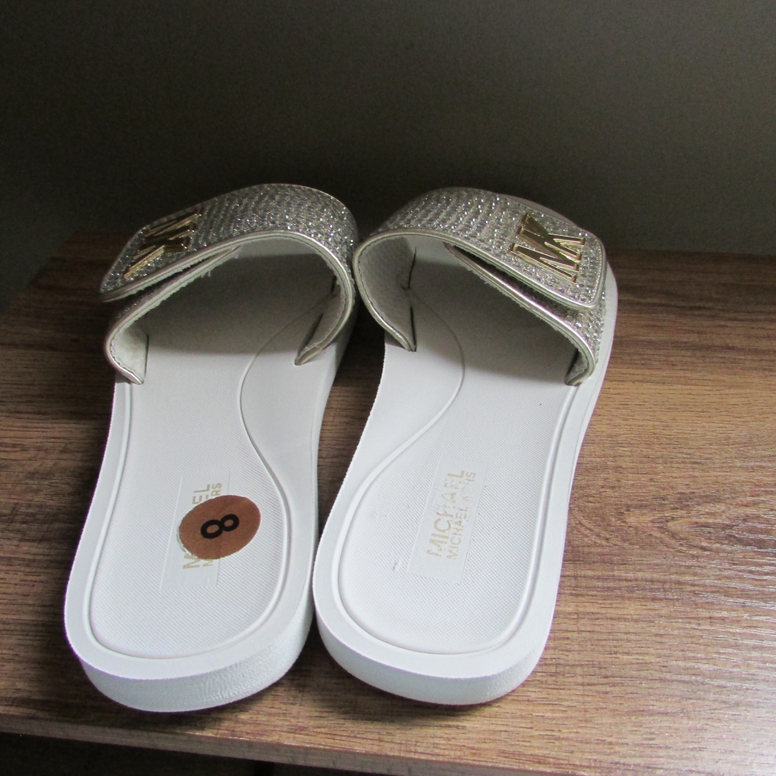 MICHAEL KORS GOLD SILVER WHITE CRYSTAL GLITTER MK LOGO DESIGNER SLIDE SANDALS-8