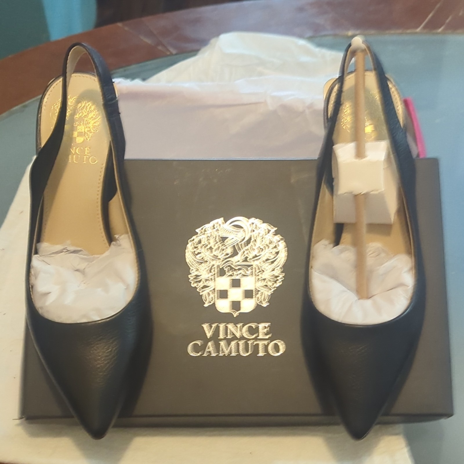 Vince Camuto Black Leather Slingback Pointed Toe Block Heel Slip On US 7.5 M