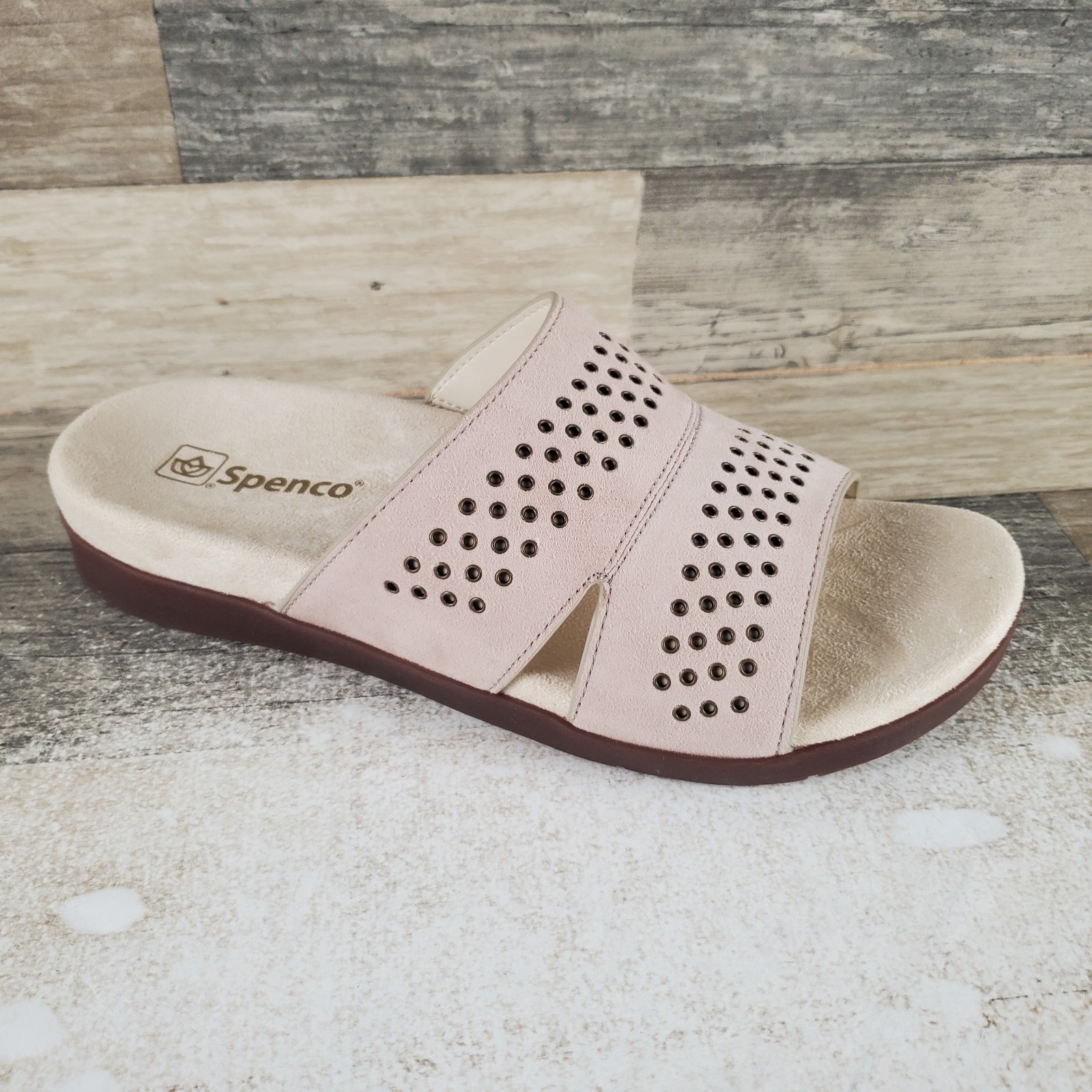 Spenco Twilight Ellie Womens Slide Sandal Sz 9.5 Taupe Leather Slip On Studded