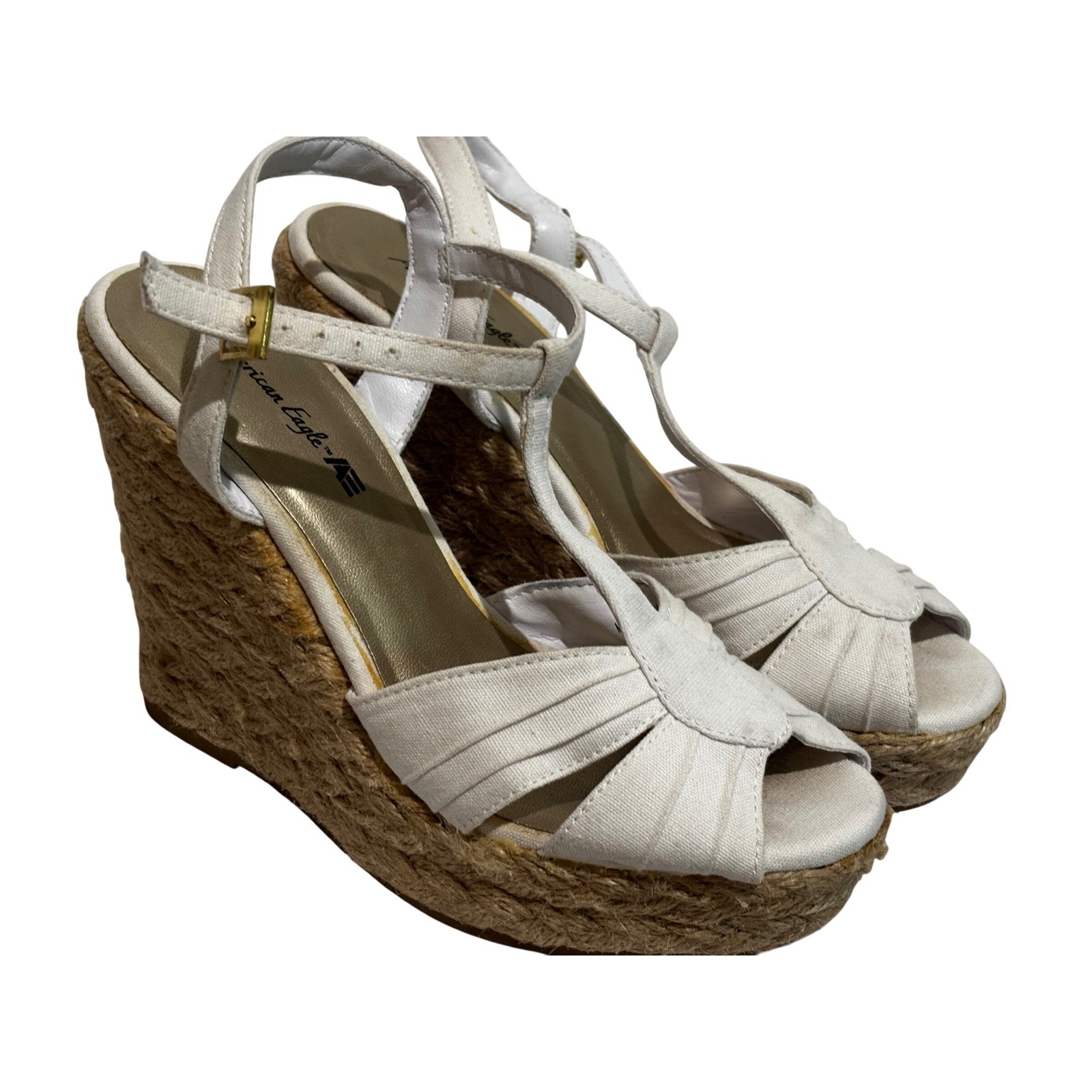 American Eagle White Cream Canvas Espadrille Wedge Sandals T-Strap sz 7.5 boho