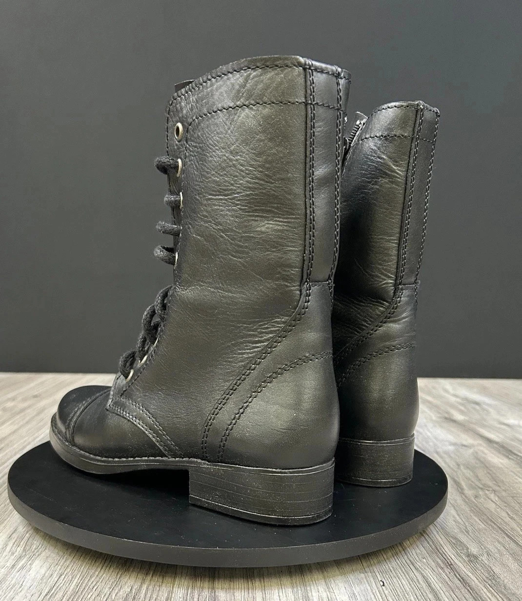 Steve Madden Troopa Combat Boots Black Leather Lace Up Womens Size 6.5 NEW