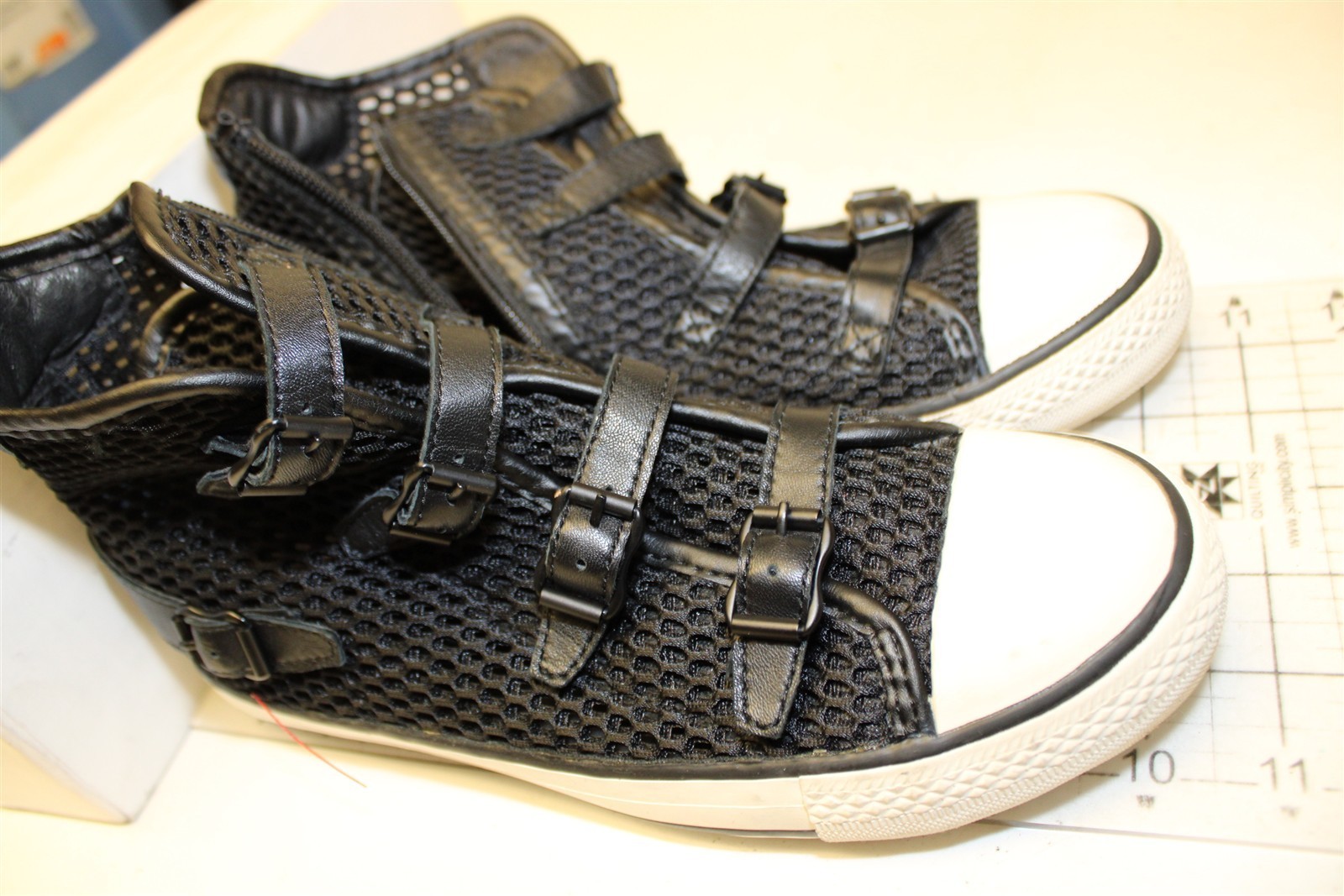 ASH Vanessa High Top Sneaker Women Size 7 38 Black Mesh Buckled Fashion Shoes