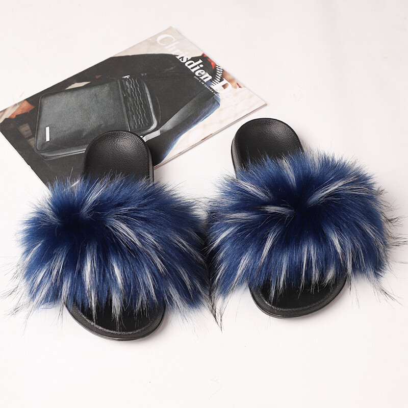 Fuzzy Fluffy Faux Fur Slides Slippers Flat Soft Sandals Open Toe Slip On Shoes