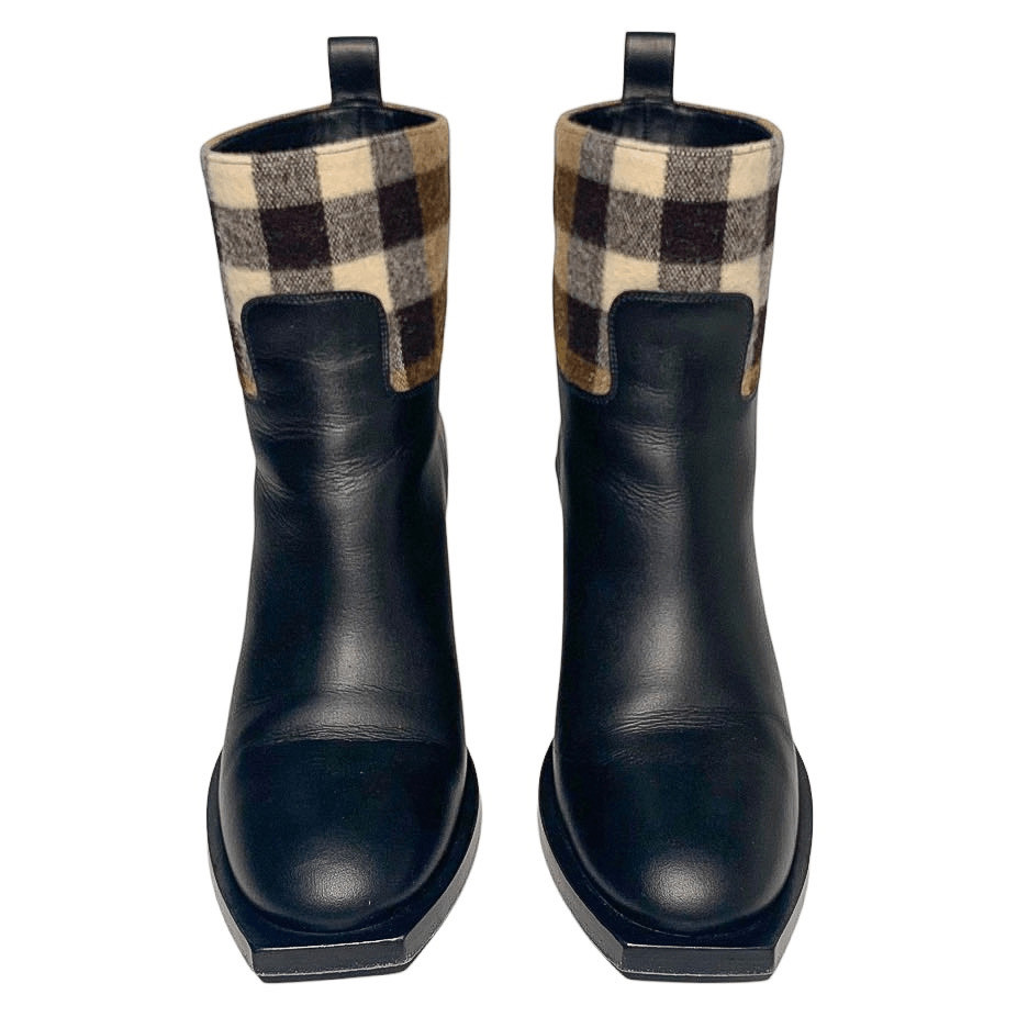 Burberry Danielle Low Calf Nova Check Heeled Boot EU 38 Leather and Wool Pull On
