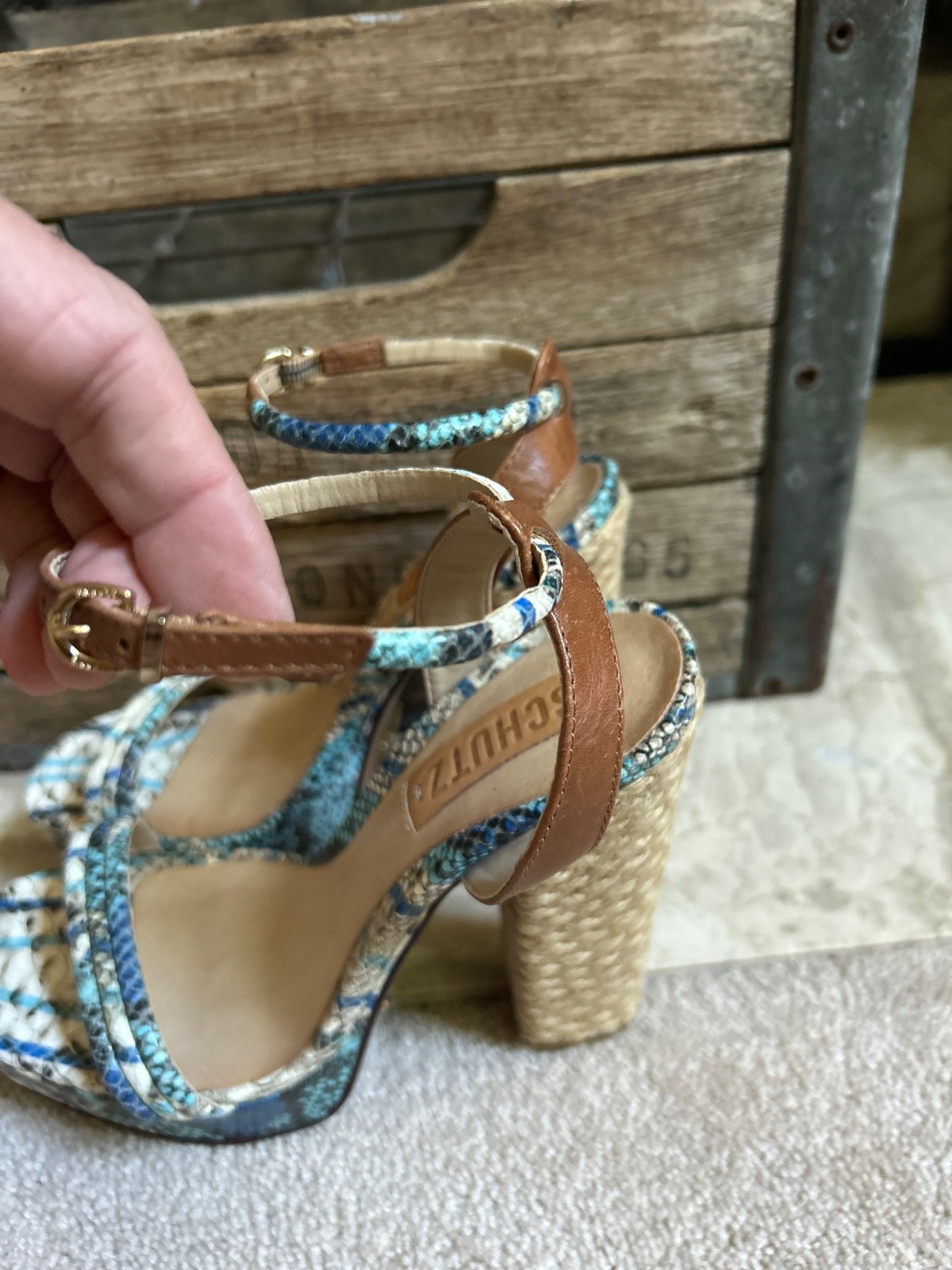 SCHUTZ «Wetherly» Women’s Snakeskin Espadrille Heel Sandals – Beige / Blue – 7 B