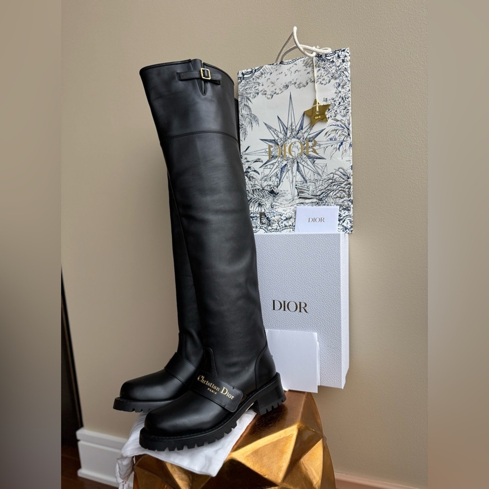 NWT Christian Dior D-Quest Thigh Black Leather Boots, size 37 (US 6-6.5)