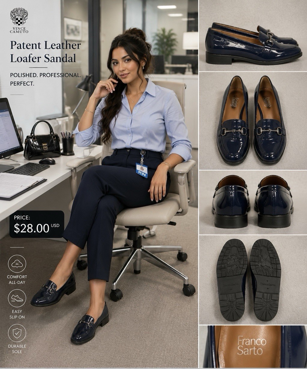Franco Sarto Women’s 8.5M Loafers Lug Sole Black- Navy Patent Slip-On Casual