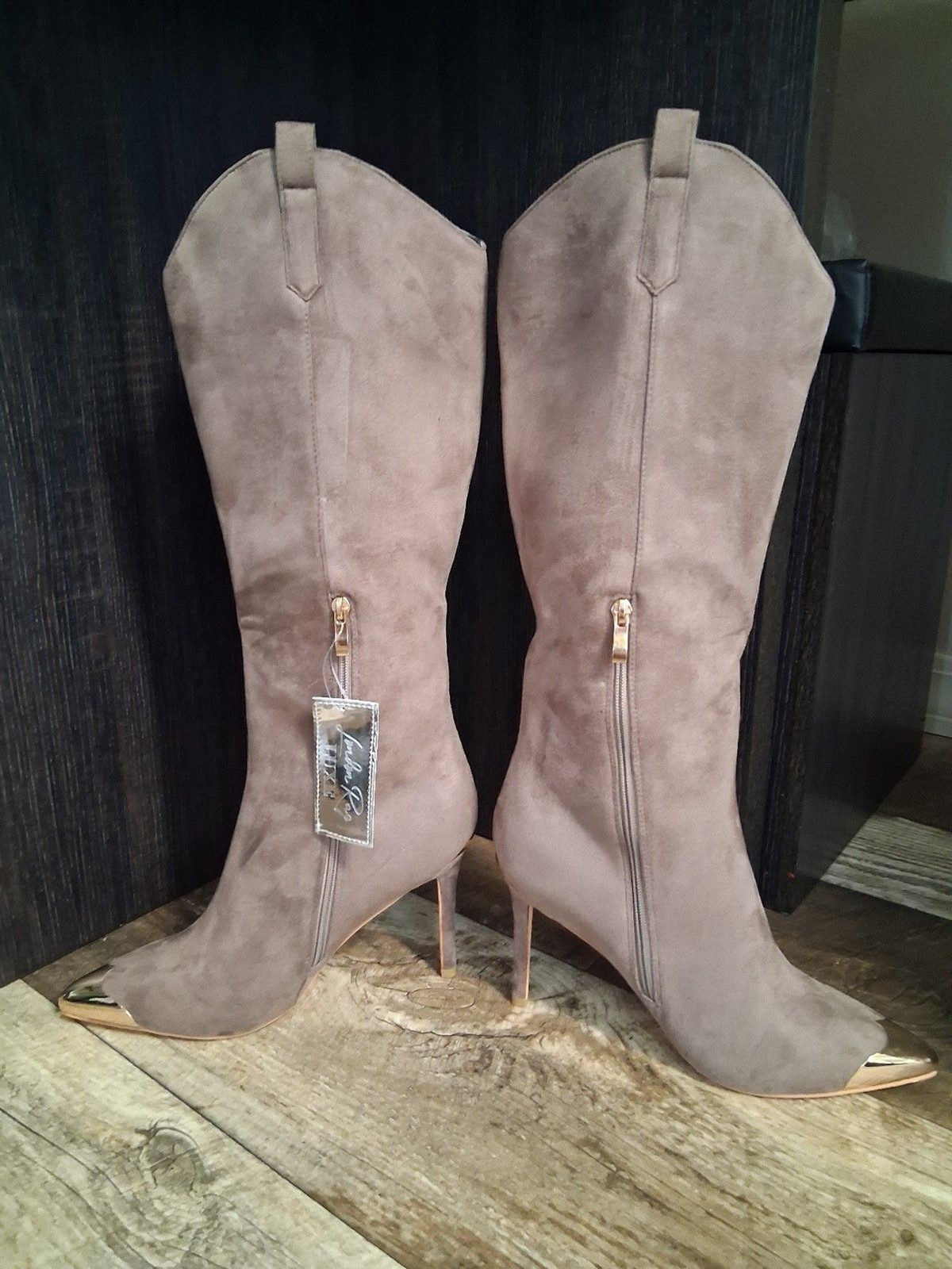 NEW! London Rag Ridda Denim Suede-Like Stilletto Mid-Calf Boot, Taupe Size 10