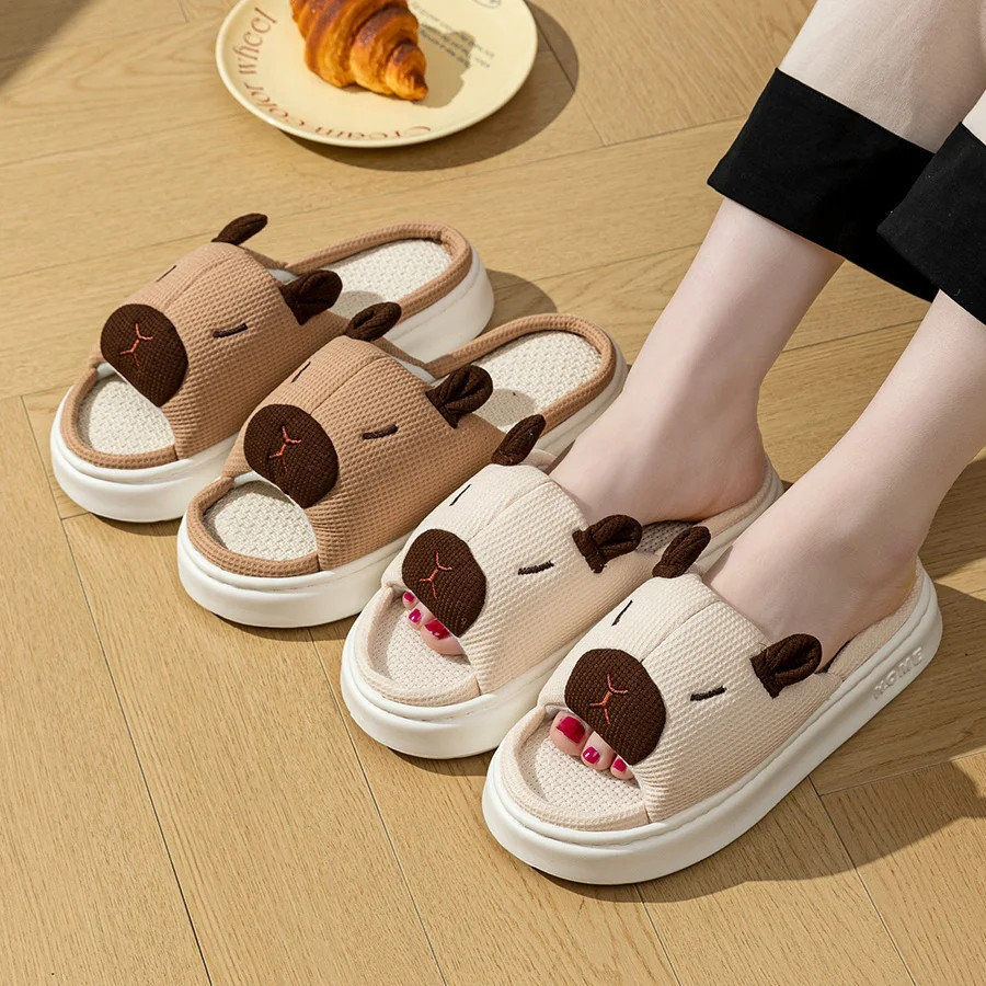 Summer Women’s Flax Soft Thick Sole Home Slippers Indoor Cute Cartoon Anti-slip