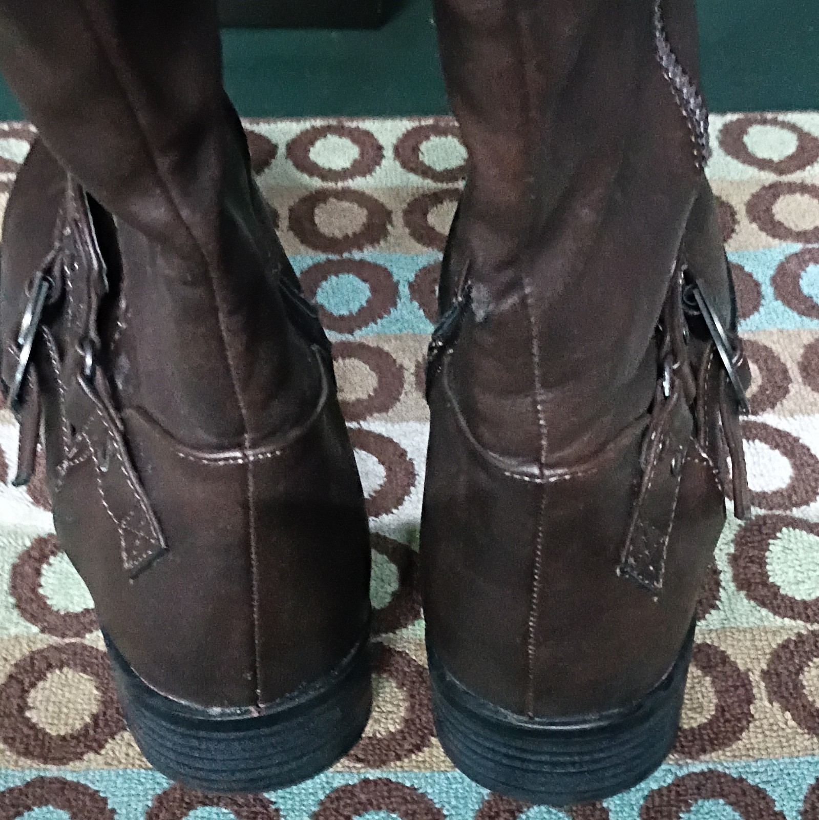 JustFab Robienne Brown Knee High Riding Boot Round Toe Zip Buckle Straps US 8