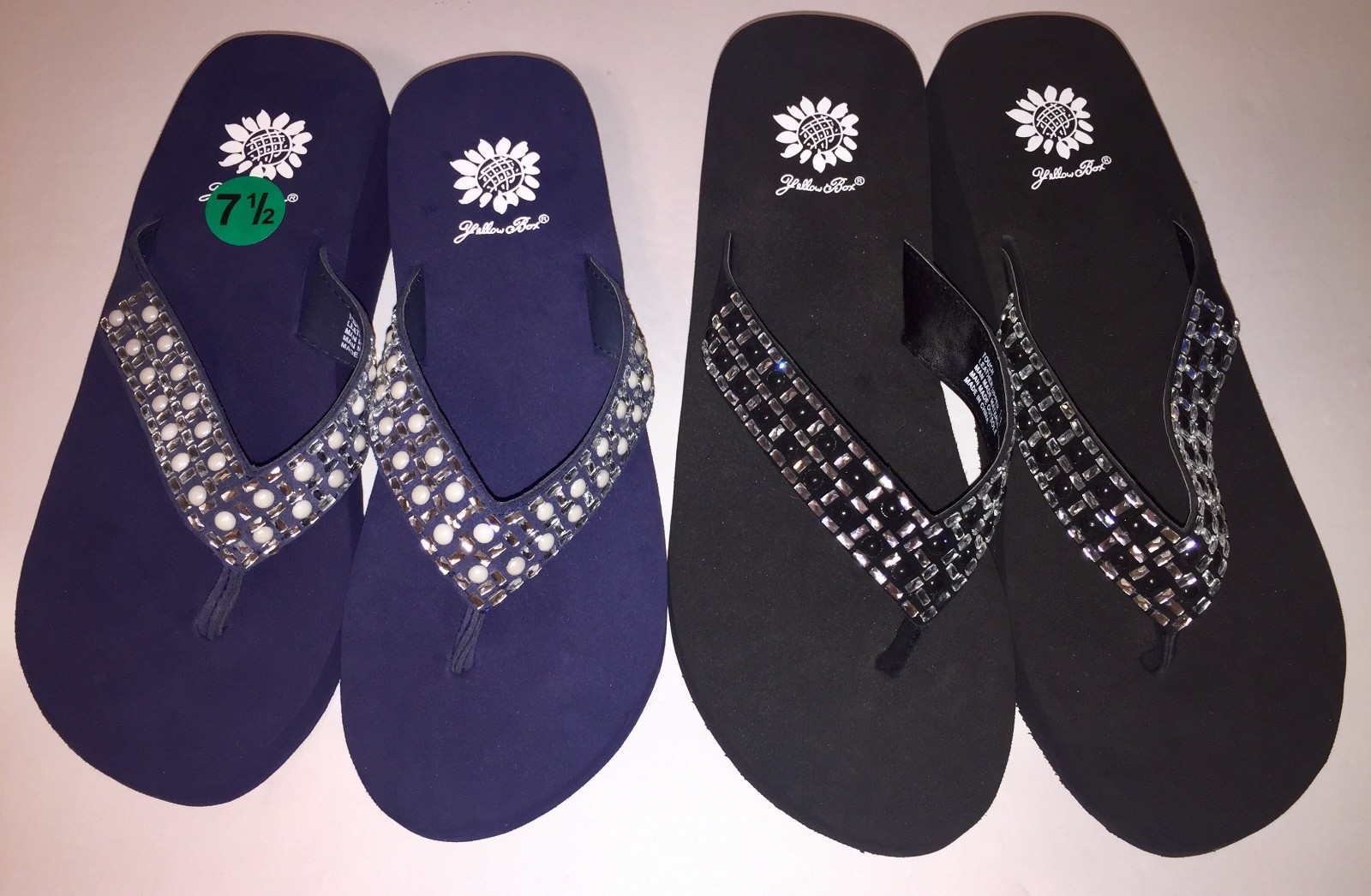 Yellow Box Flip Flops Sandals Women’s Touch Wedge Pearl Jeweled Blue Black NWT